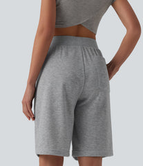 Mid Rise Inner Drawstring French Terry Baggy Casual Bermuda Sweat Shorts with Pockets