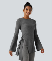 Round Neck Long Sleeve Tie Side Asymmetric Hem Casual Top