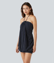 Halter Tie Back Built-in Bra Bodycon Stripe Micro Mini Dress