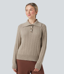 Lapel Long Sleeve Cable Knit Relaxed Fit Work Wool-Blend Sweater