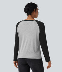 Round Neck Raglan Long Sleeve Color Block Casual Top