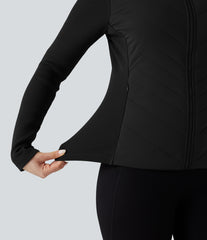 High-neck Contrast Ribbed Slim Casual Quilted Jacket with Pockets