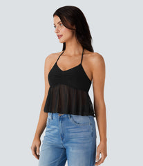 Halter Tie Back Ruched Mesh Ruffle Hem Casual Tank Top