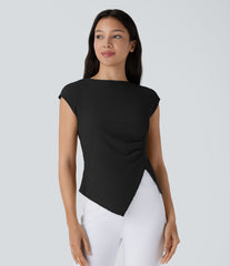 Slash Neck Short Sleeve Ruched Asymmetric Hem Casual Top