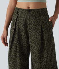 Mid Rise Leopard Print Cropped Casual Baggy Pants with Pockets