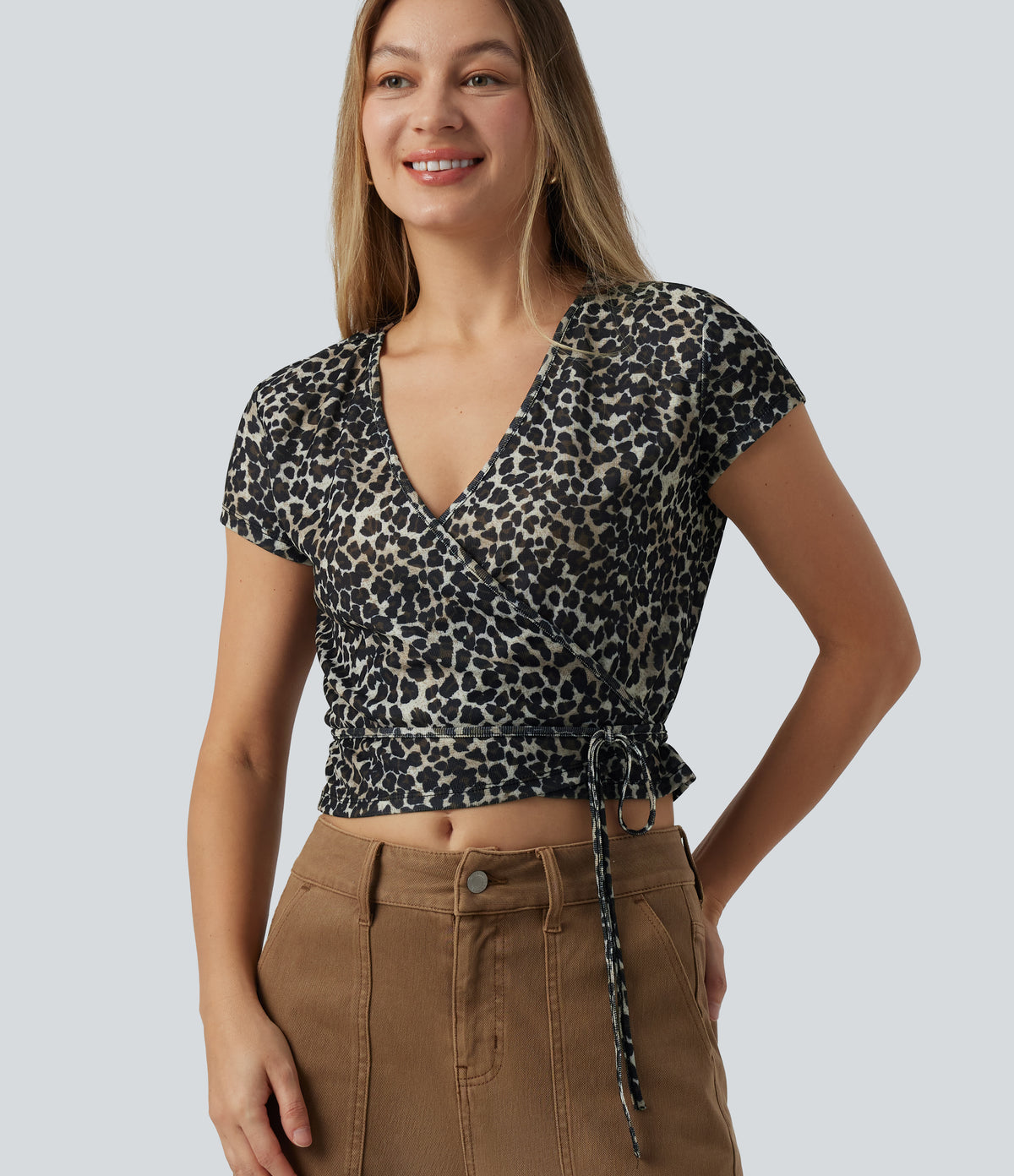 Deep V-neck Short Sleeve Wrap Tie Leopard Print Casual T-Shirt