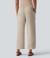 High Waisted Drawstring Tapered Draped Linen Casual Pants with Pockets