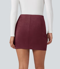 High Waisted Ruched Crossover Hem Bodycon Mini Suede Casual Skirt
