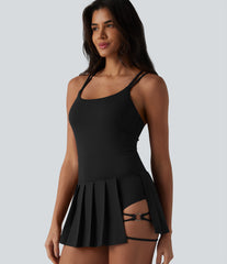 Crisscross Backless U-Neck Pleated Asymmetric Hem Mini 2-in-1 Built-in Bra Dance Active Slip Dress with Pockets