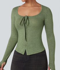 Scoop Neck Tie Front Long Sleeve Thumb Hole Casual Top