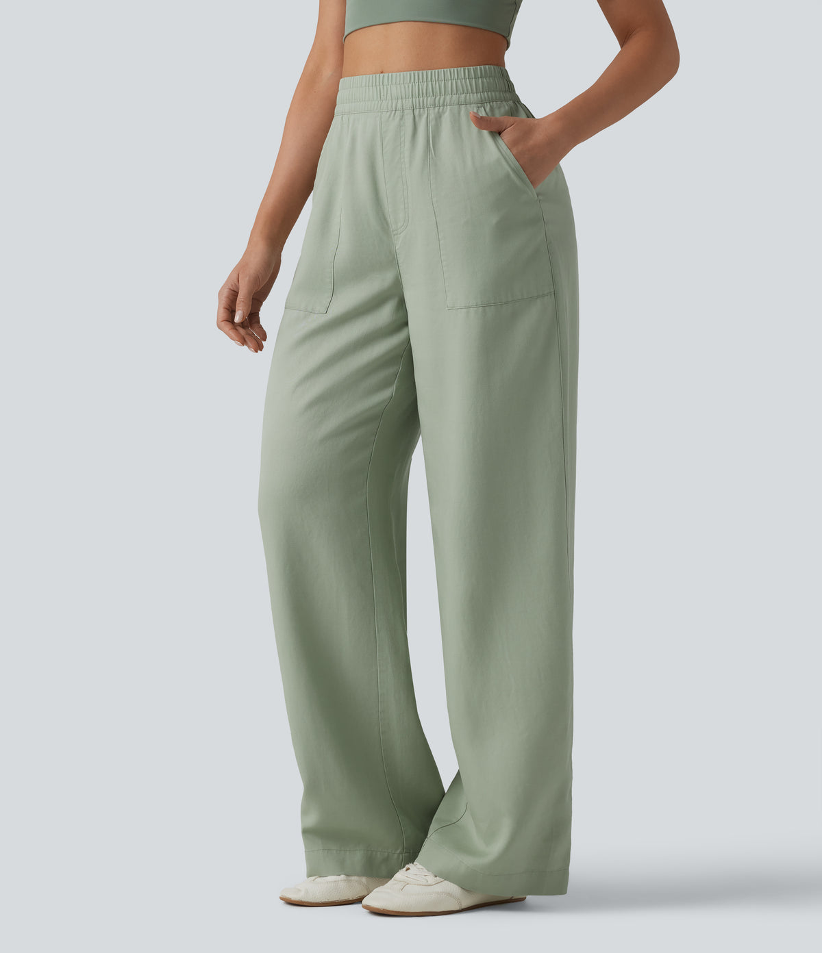 High Waisted Inner Drawstring Lyocell Linen-Blend Casual Wide Leg Pants with Pockets