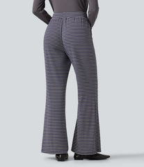 Ribbed Knit Stripes Mid Rise Drawstring Casual Bootcut Pants with Pockets