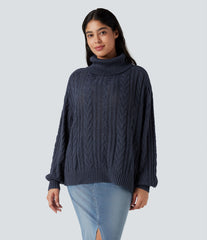 High Neck Long Sleeve Cable Knit Casual Sweater