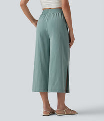 High Waisted Split Linen-Feel Casual Cropped Baggy Pants with Pockets