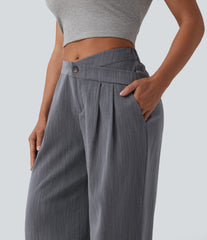 Asymmetric Mid Rise Pleated Casual Linen-Feel Baggy Pants with Pockets