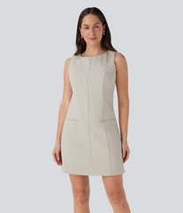 Boat Neck Sleeveless Botton Mini Work Dress with Pockets