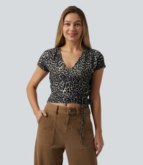 Deep V-neck Short Sleeve Wrap Tie Leopard Print Casual T-Shirt