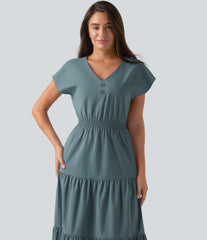 V Neck Short Sleeve Stretchy Poplin Midi Casual Dress