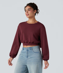 SpacerTek™ Round Neck Long Sleeve Back Bow Cropped Casual Sweatshirt
