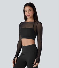Halter Long Sleeve Thumb Hole Contrast Mesh 2-in-1 Cropped Yoga Sports Top