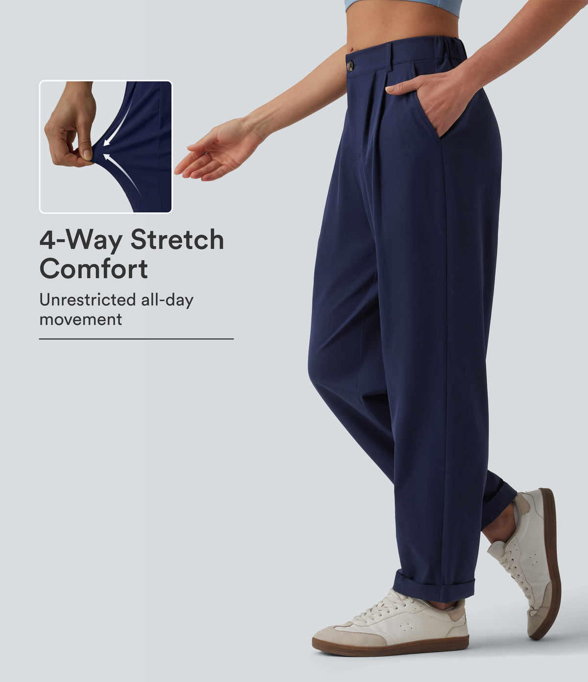 Mid Rise Pleated Rolled Hem 7/8 Stretchy Poplin Casual Tapered Pants with Pockets