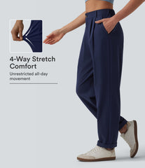 Mid Rise Pleated Rolled Hem 7/8 Stretchy Poplin Casual Tapered Pants with Pockets