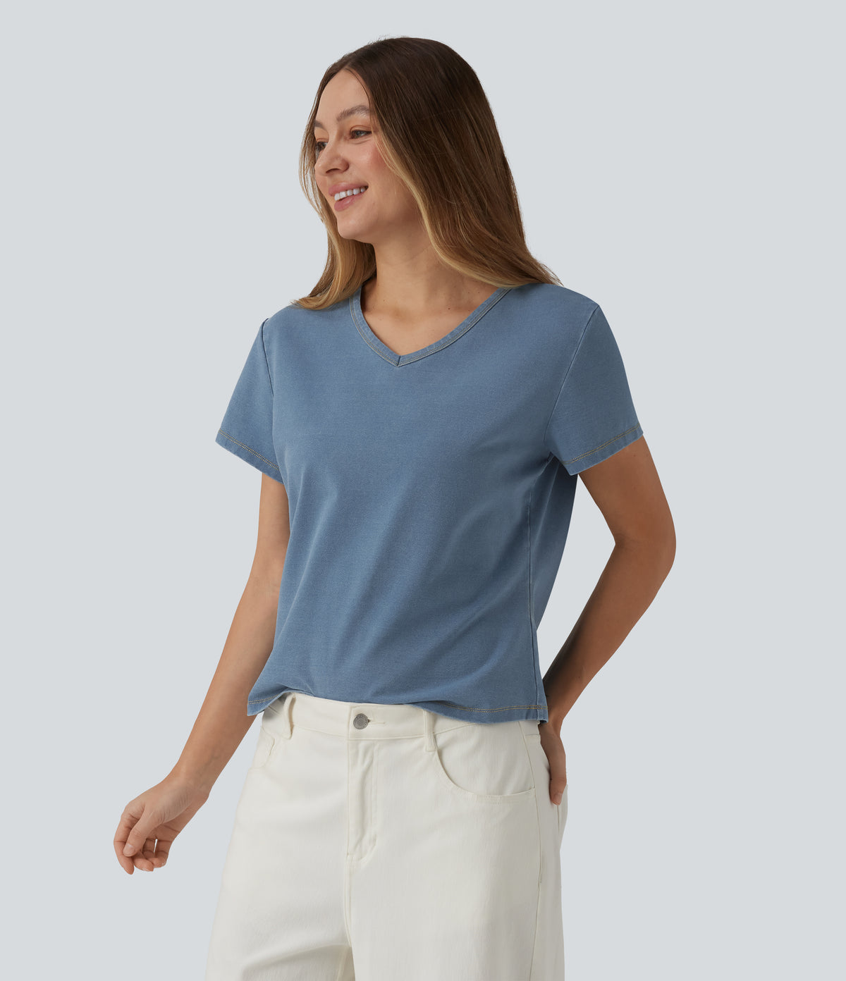 Halara Flex™ V Neck Short Sleeve Denim Casual T-Shirt