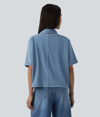Halara Flex™ Short Sleeve Draped Lyocell Denim Casual Shirt with Pockets