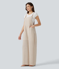 Stripe Casual Linen-Feel Overalls with Pockets