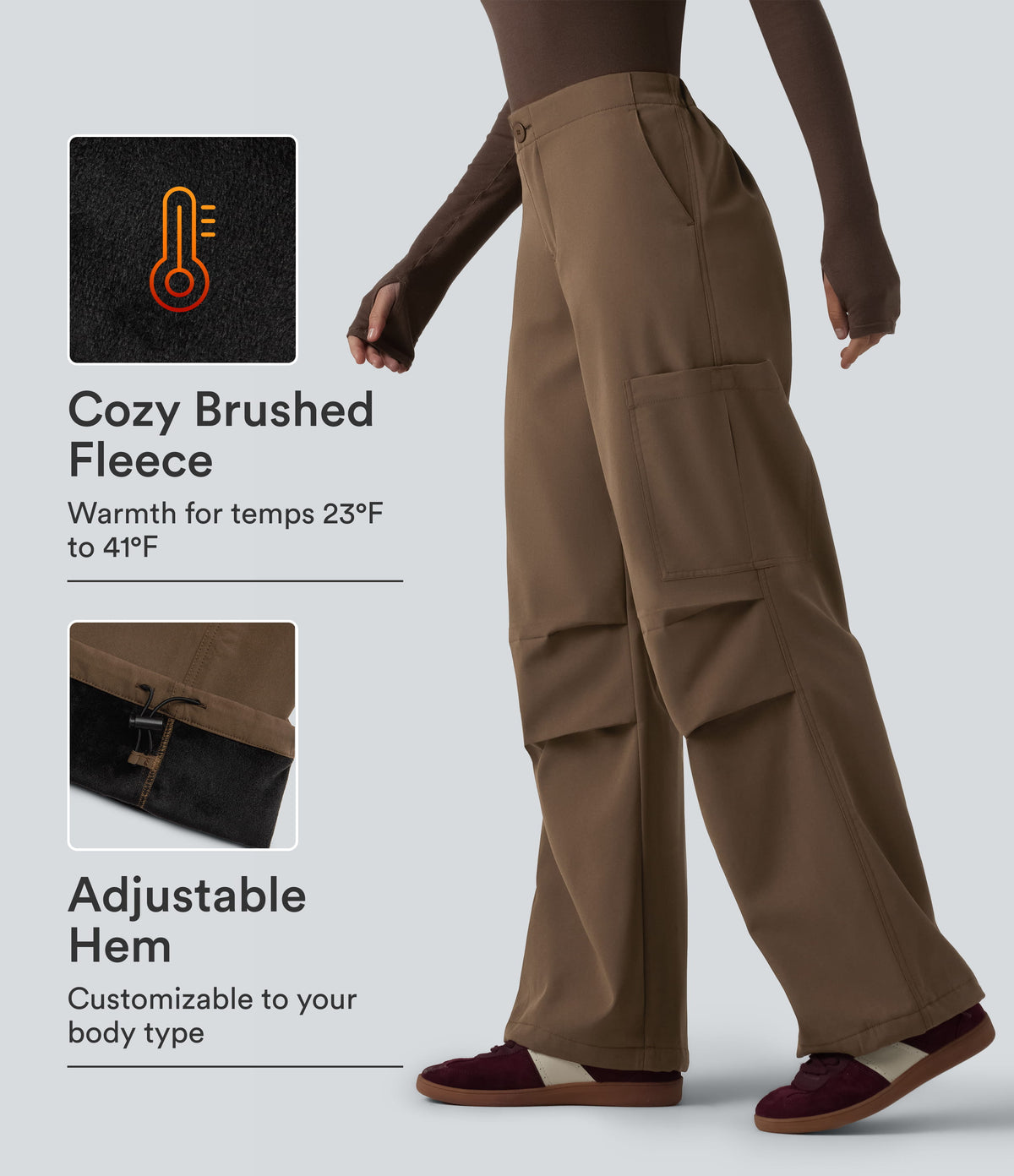 High Waisted Wide Leg Fleece Casual Parachute Pants with Pockets