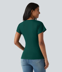 V Neck Short Sleeve Ruched Casual Top