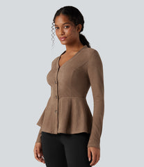 V-neck Long Sleeve Ruffle Hem Casual Suede Jacket