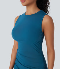 Round Neck Sleeveless Ruched Casual Bodycon Dress