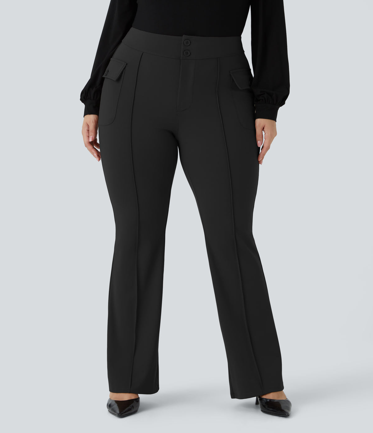 High Waisted Side Flap Pocket Flare Plus Size Casual Cargo Pants