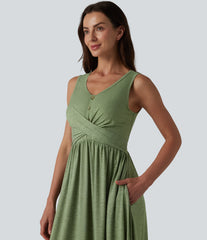 U-neck Sleeveless Crossover Maxi Casual Flowy Dress with Pockets