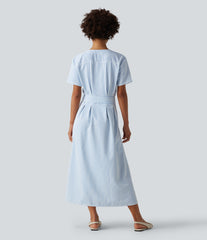 V Neck Short Sleeve Belted Stripe Midi Work Shirt Dress