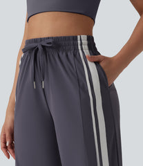 High Waisted Drawstring Colorblock Stripes Quick Dry Workout Cargo Pants with Pockets