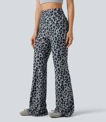 High Waisted Leopard Waffle Flare Casual Pants with Pockets