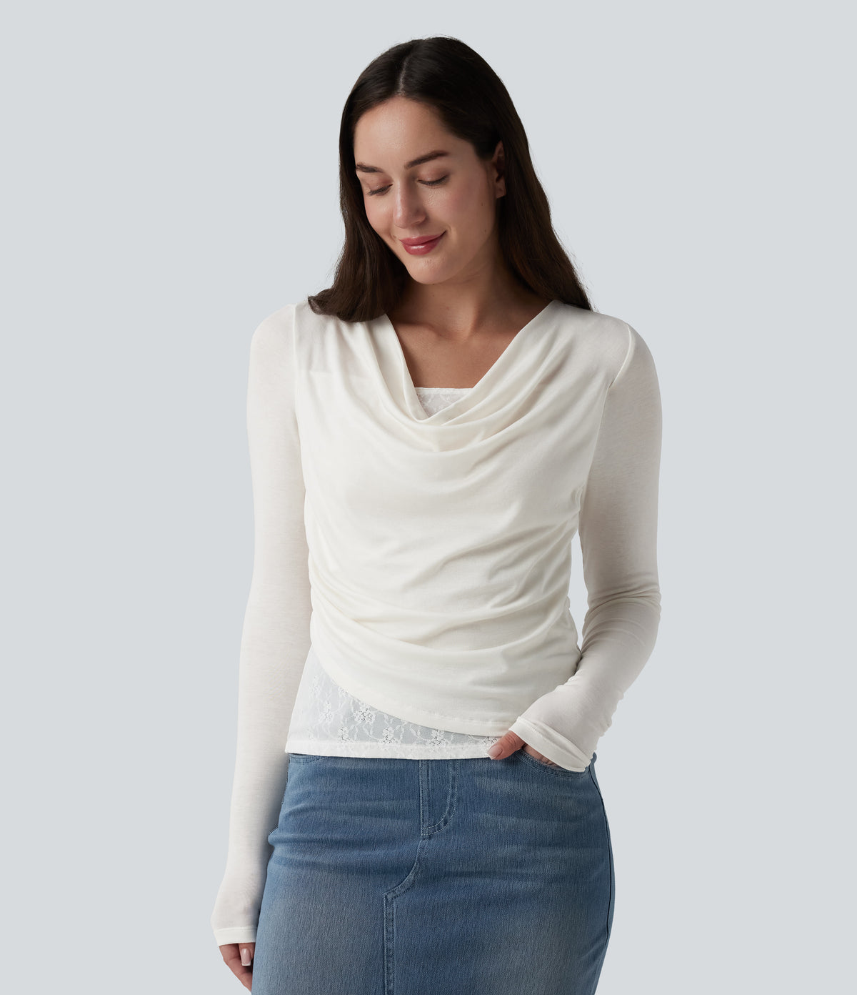 Ribbed Knit Cowl Neck Long Sleeve Contrast Lace Casual Top