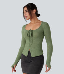 Scoop Neck Tie Front Long Sleeve Thumb Hole Casual Top