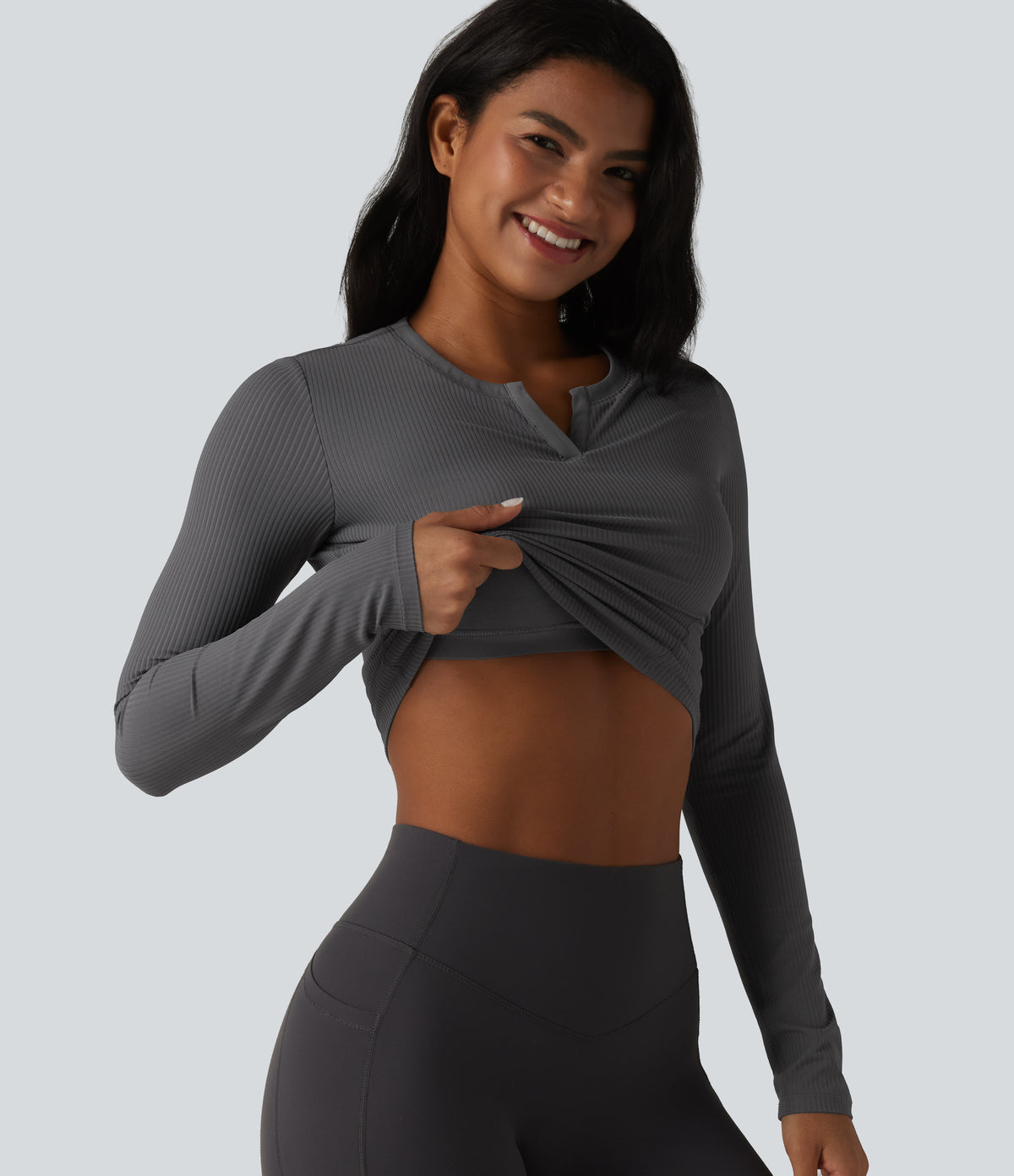 Ribbed Knit Notch Long Sleeve Non-Removable Pad Slim Casual Top