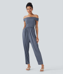 Off Shoulder Back Zipper Casual Jumpsuit with Pockets-Easy Peezy