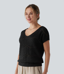 V Neck Short Sleeve Sweater
