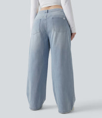 Plus Size Halara Flex™ Asymmetric Low Rise Wide Leg Washed Casual Jeans with Pockets