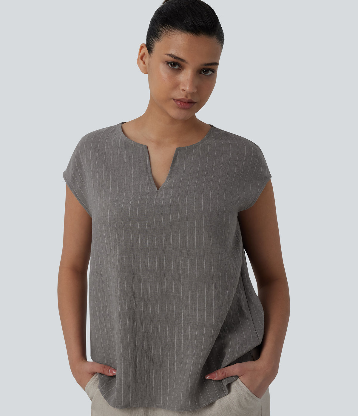 Notched Collar Sleeveless Stripe Casual Linen-Blend T-Shirt