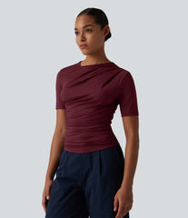 Asymmetric Neck Short Sleeve Ruched Casual T-Shirt