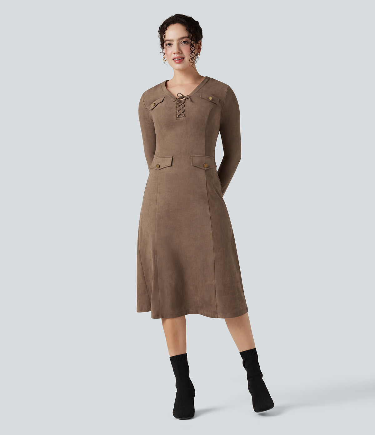 Lace-up V-neck Long Sleeve Midi Suede Work Dress