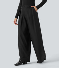 High Waisted Wide Leg Work Linen-Feel Pants with Pockets