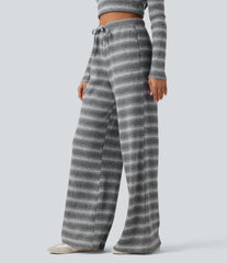 Mid Rise Drawstring Wide Leg Waffle Gradient Stripe Casual Pants with Pockets