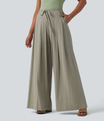 Mid Rise Belted Wide Leg Casual Linen-Feel Pants with Pockets